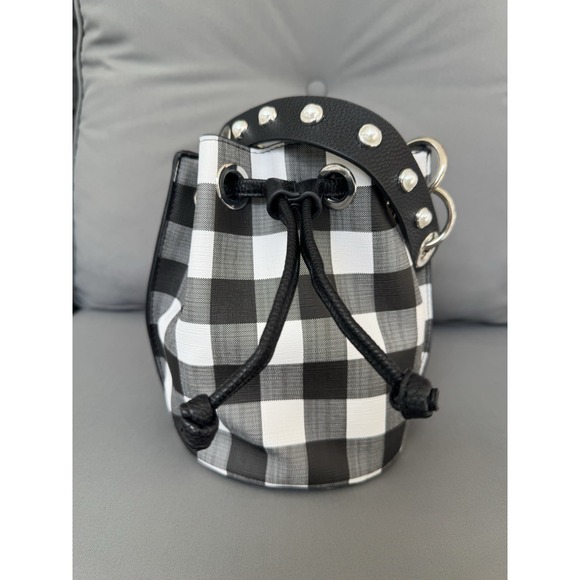 Plaid Gingham Bucket Bag Black White Drawstring Purse Faux Leather Check Vintage - Picture 1 of 16